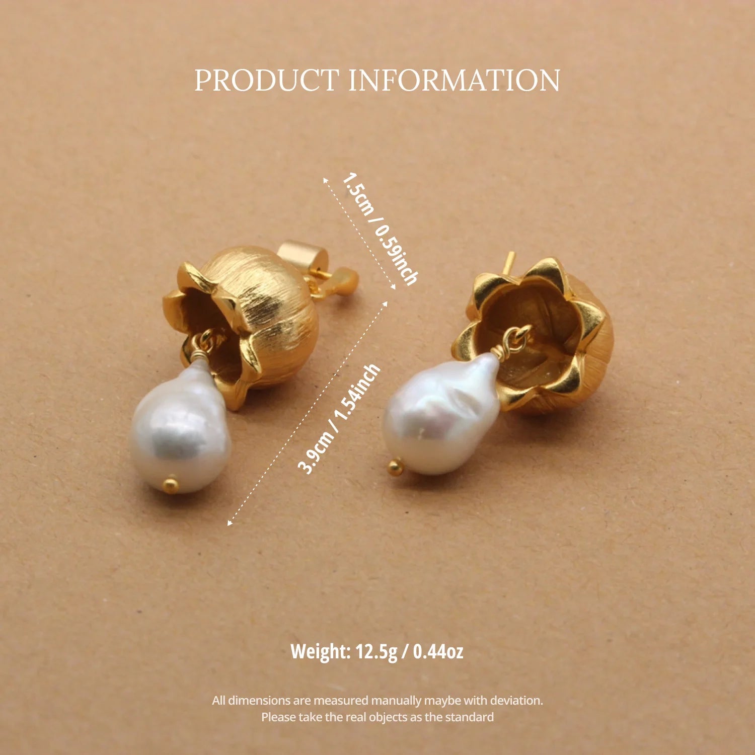YAJUNIEL Flower Bud Earrings with Natural Baroque Pearl 24K Gold Plated Brushed Finish Drop Earrings for Women Jewelry Gift