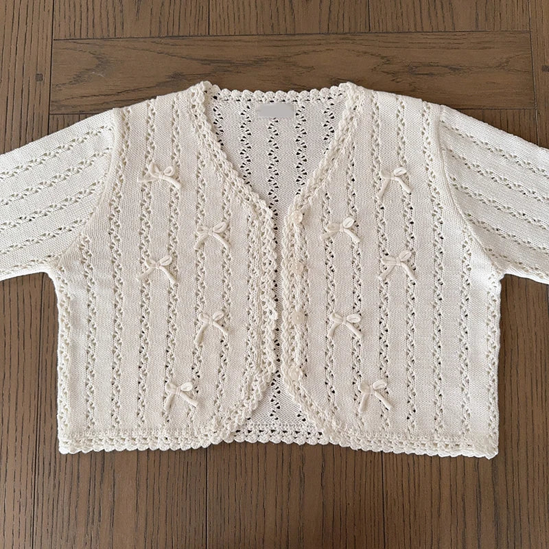 Women's Kawaii Bow Crochet Knit Cardigan