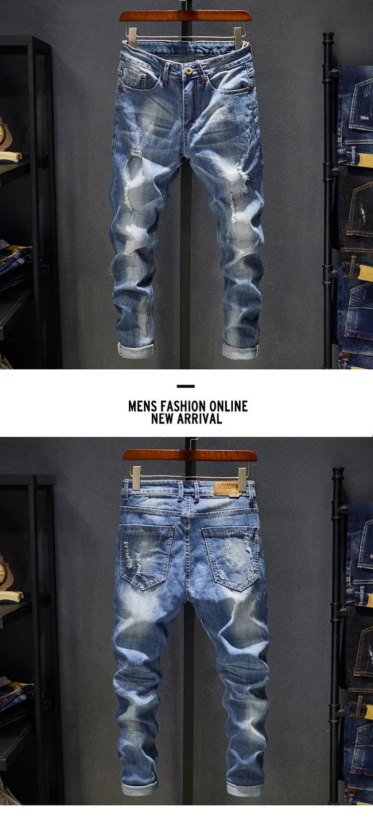Men’s Slim Fit Light Blue Ripped Stretch Jeans