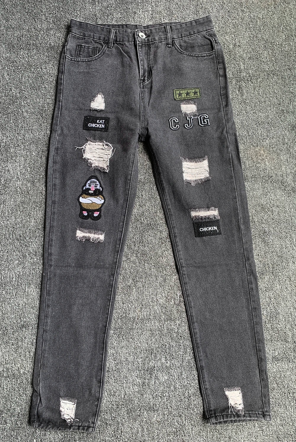 Men's White Embroidered Ripped Slim Fit Jeans