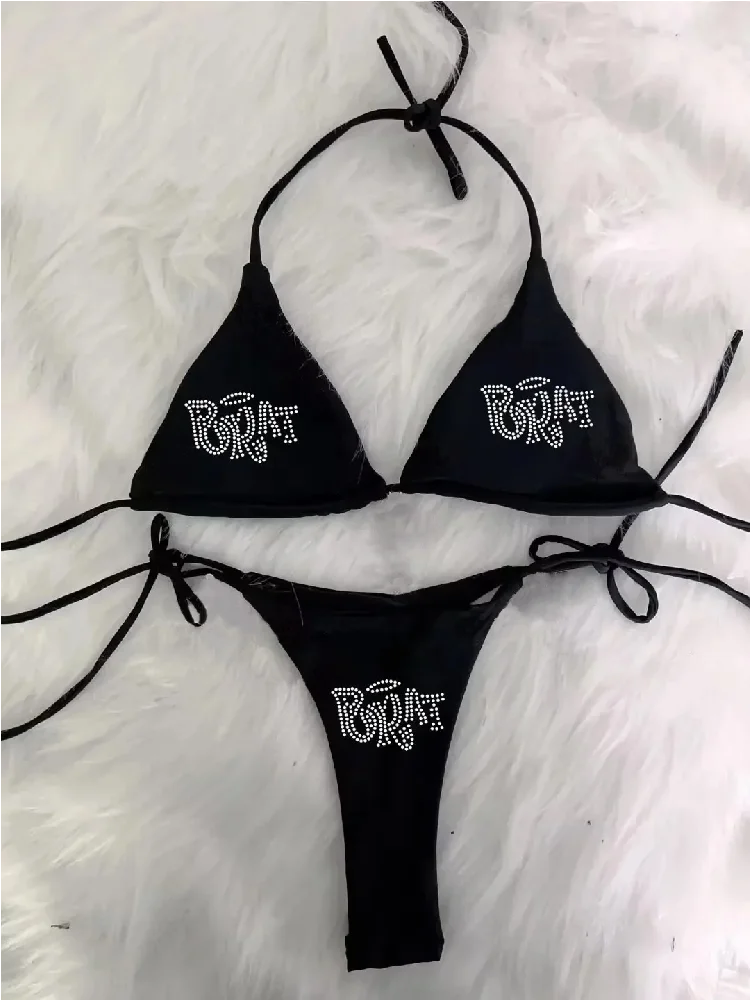 Y2K Punk Rhinestone Lace-Up Bikini