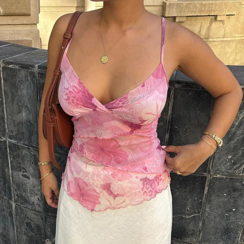 Women's Floral Print Y2K Spaghetti Strap Crop Top – Sexy Chiffon Cami