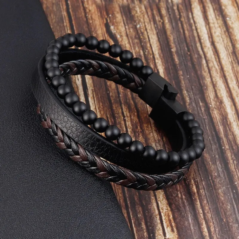 Men's Obsidian Beaded Leather Bracelet