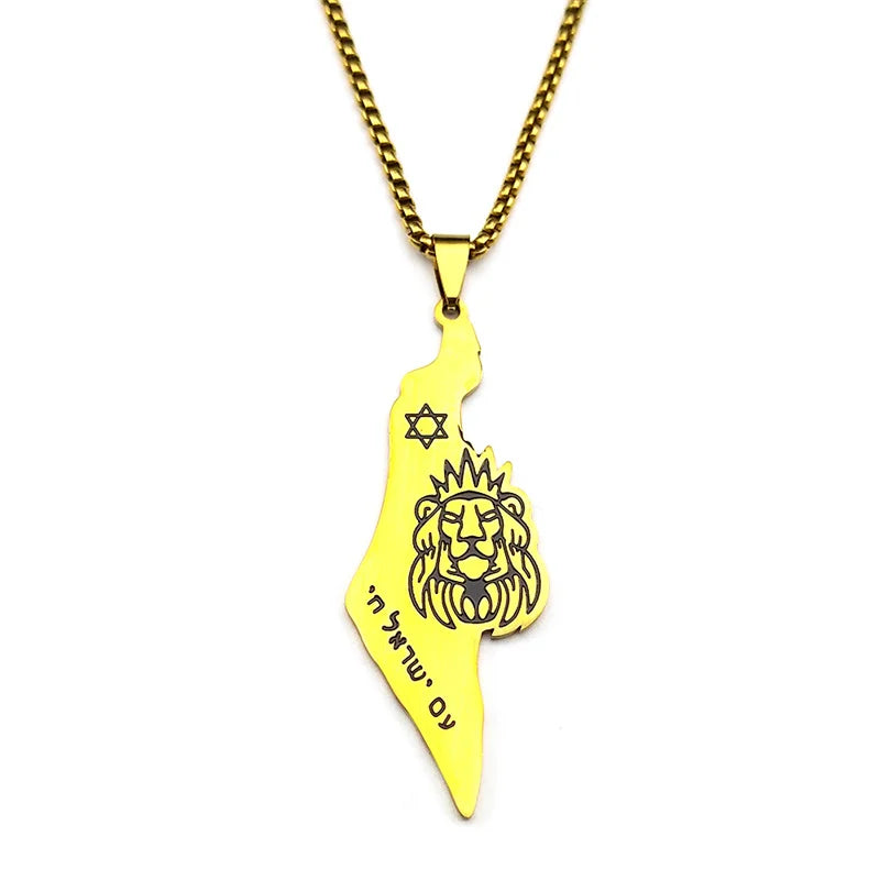 Israel Map Lion of Judah Star of David Pendant Necklace