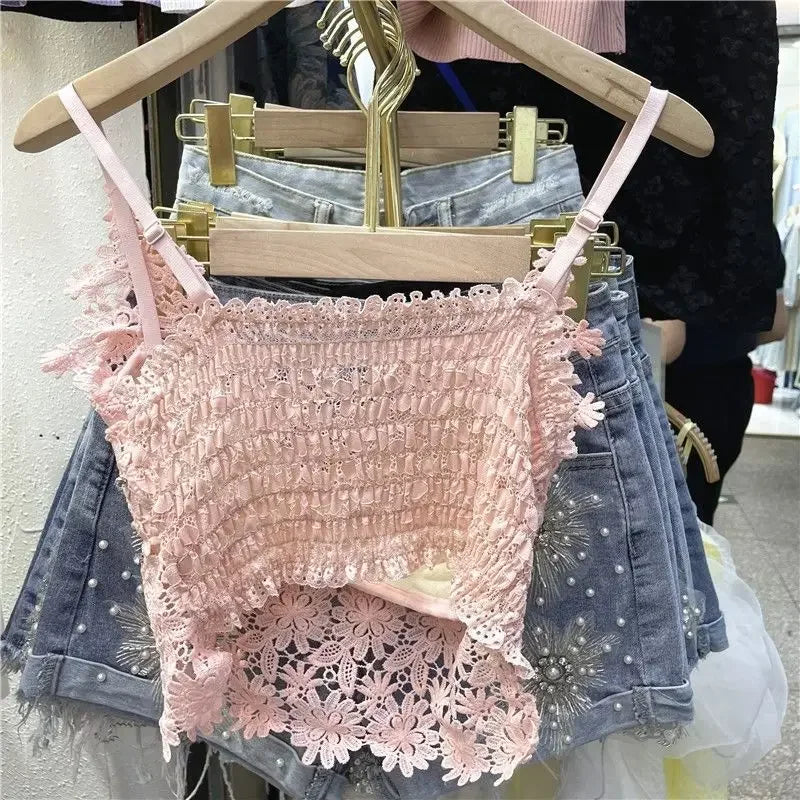 Women's Heavy Beaded Floral Lace Crop Tank Top