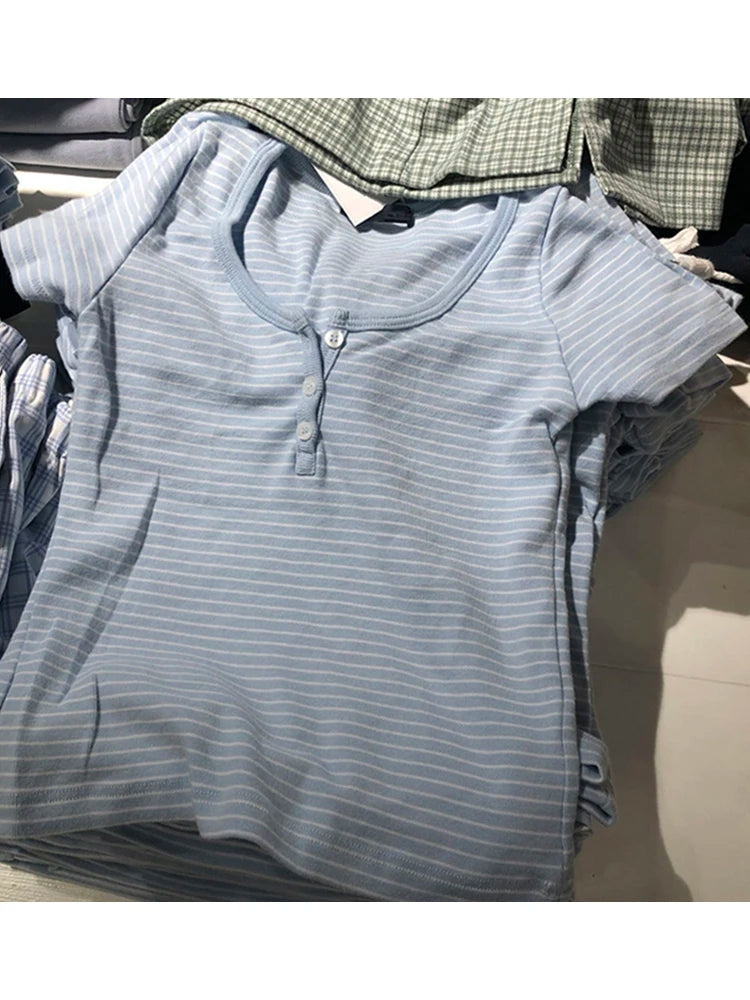 Women's Y2K Striped Button Crop Top