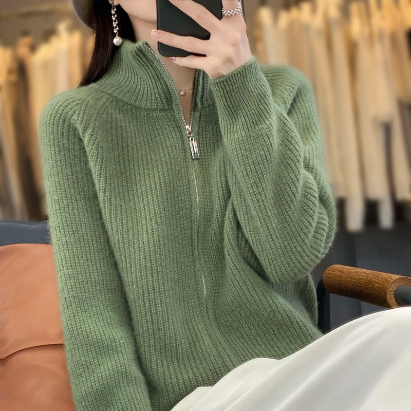 Women's Wool Zip-Up Stand Collar Cardigan