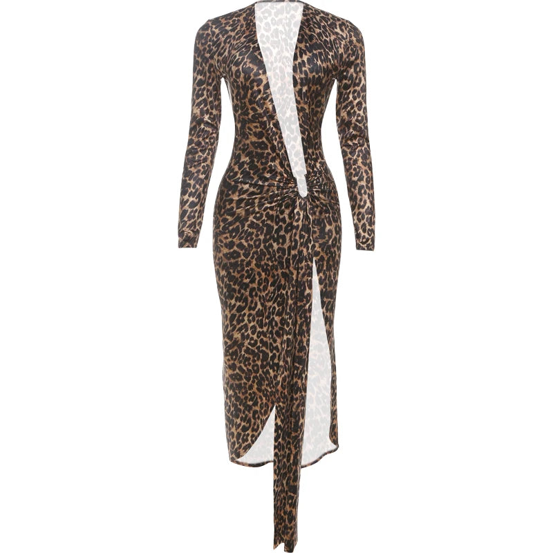 Y2K Leopard Print Deep V Split Dress
