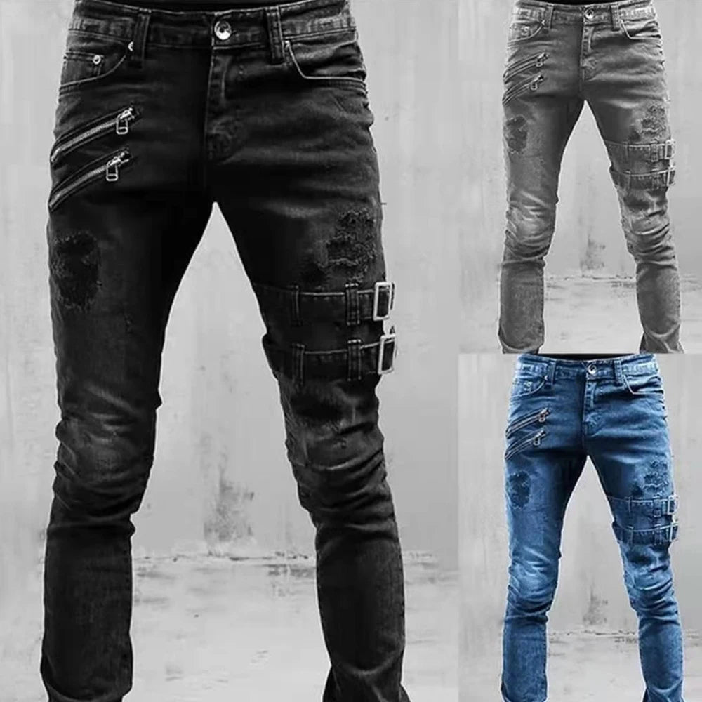 Men's Retro Moto Biker Skinny Denim Cargo Jeans