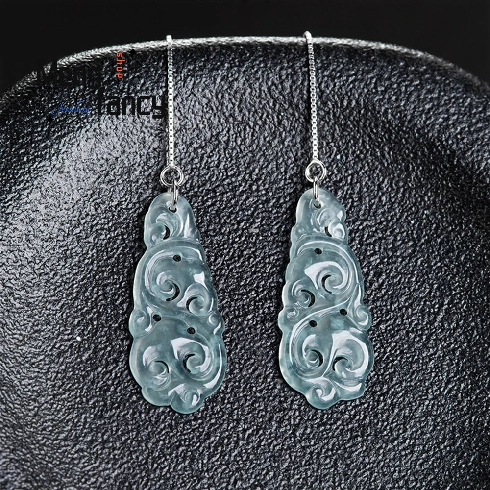 Elegant S925 Silver Natural Ice Jade Drop Earrings