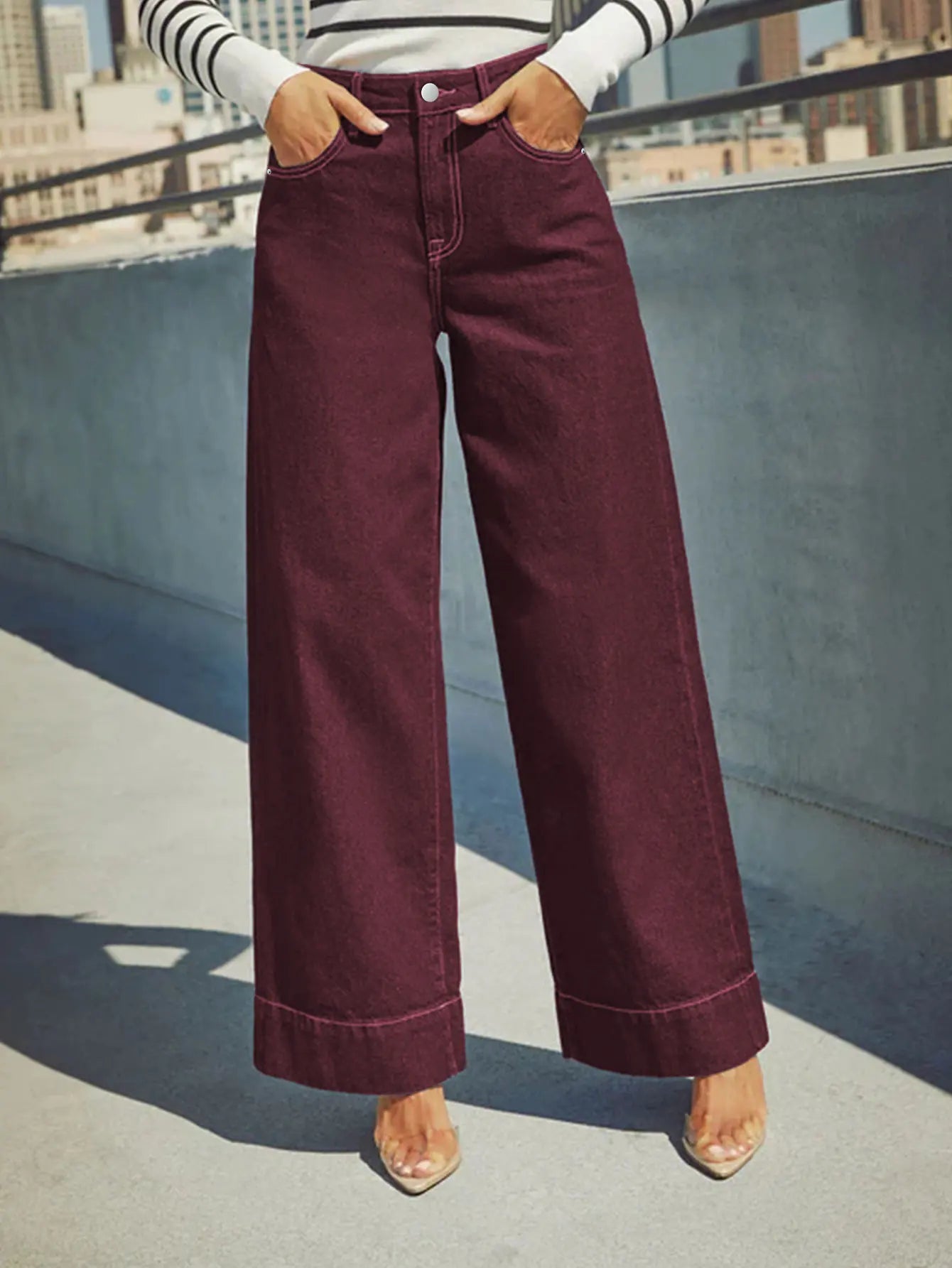Women's Burgundy High Waist Wide Leg Jeans