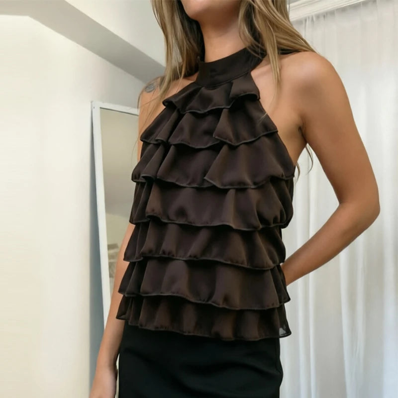 Women's Halter Ruffle Backless Crop Top