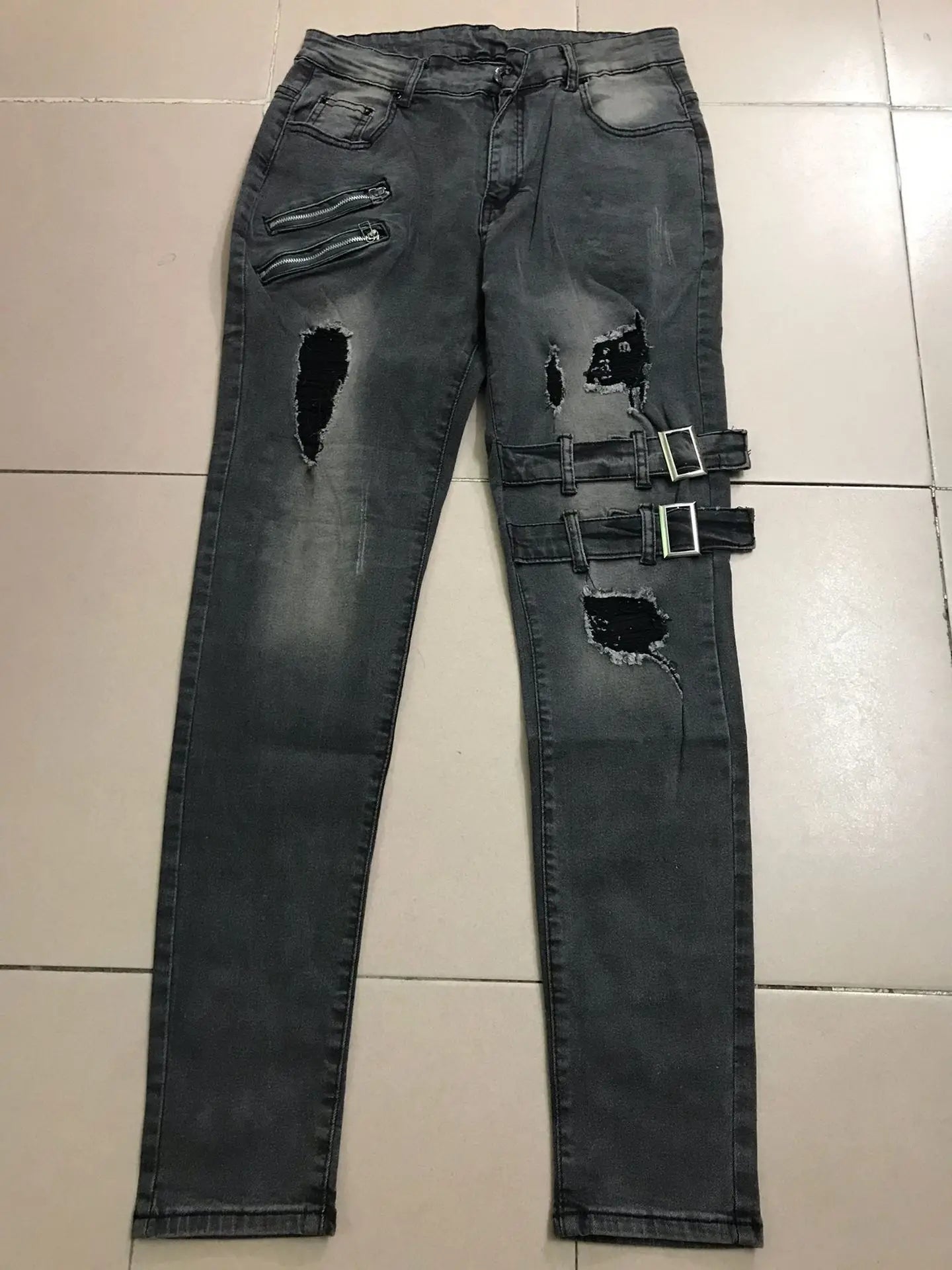 Men's Retro Moto Biker Skinny Denim Cargo Jeans