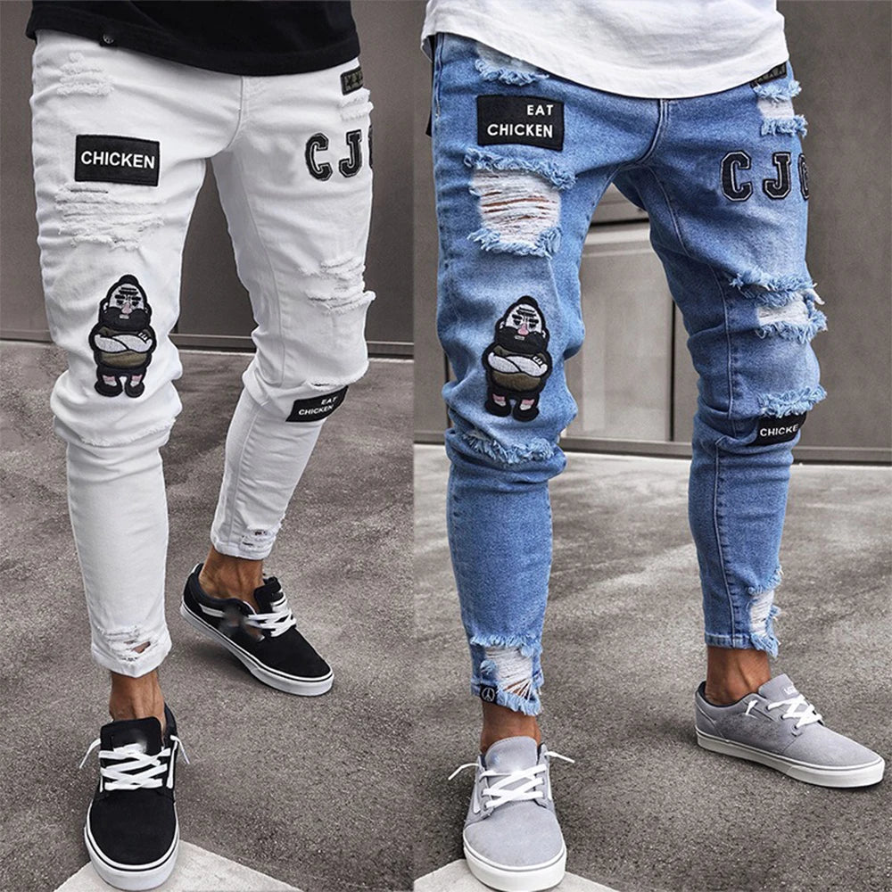 Men's White Embroidered Ripped Slim Fit Jeans