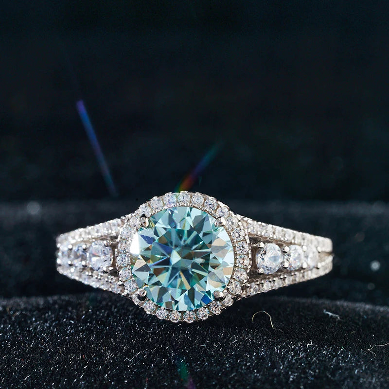 JoyceJelly 2CT Blue-Green Moissanite Sterling Silver Ring