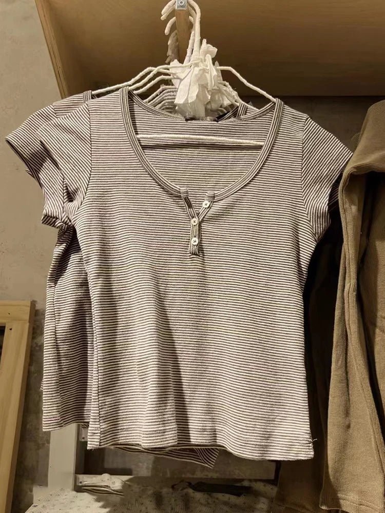 Women's Y2K Striped Button Crop Top