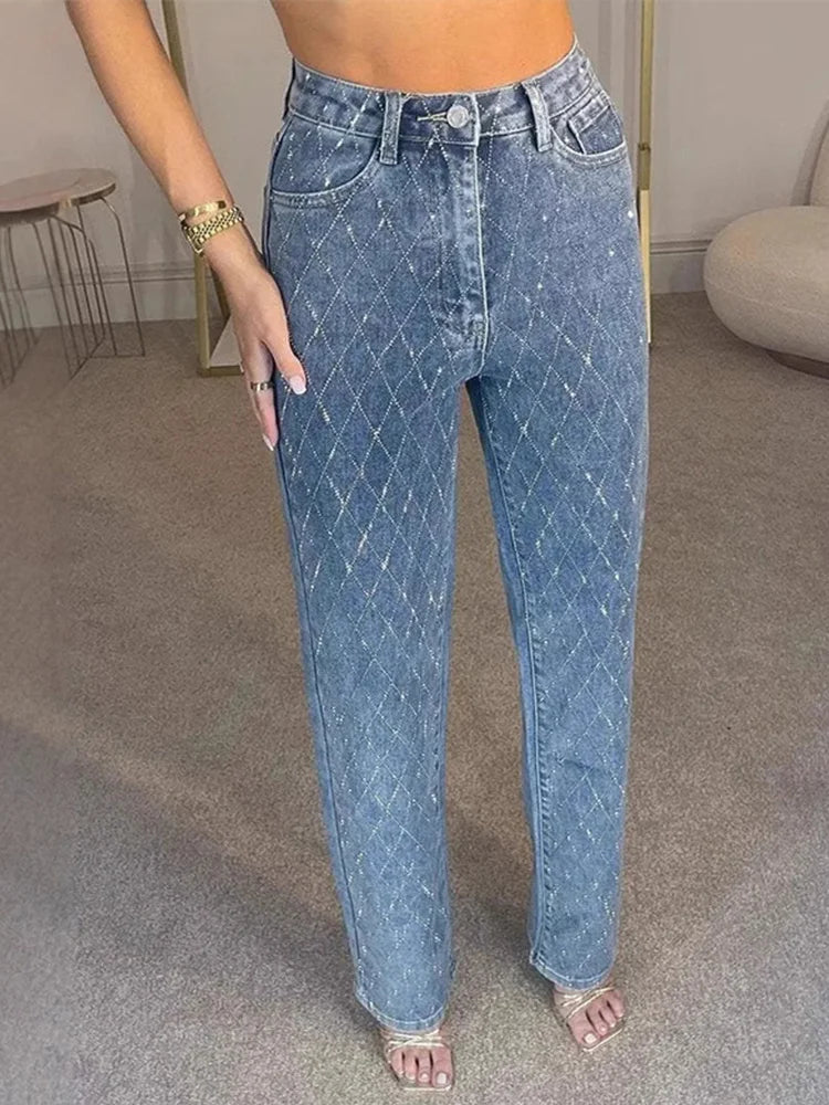 Women's Rhinestone High Rise Straight Jeans