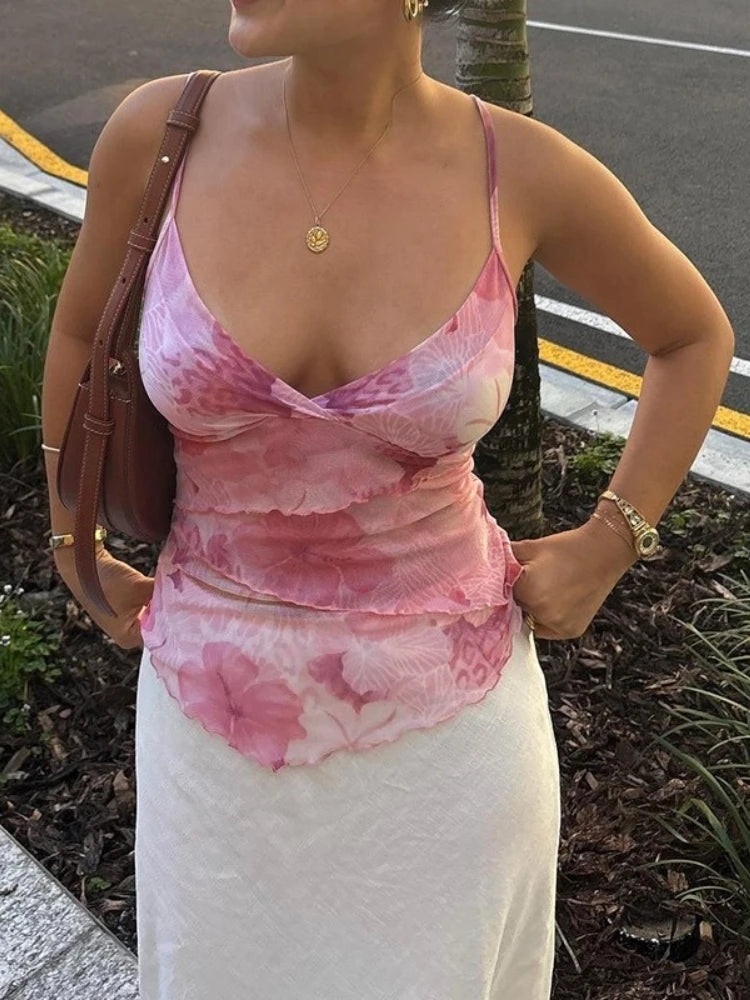 Women's Floral Print Y2K Spaghetti Strap Crop Top – Sexy Chiffon Cami