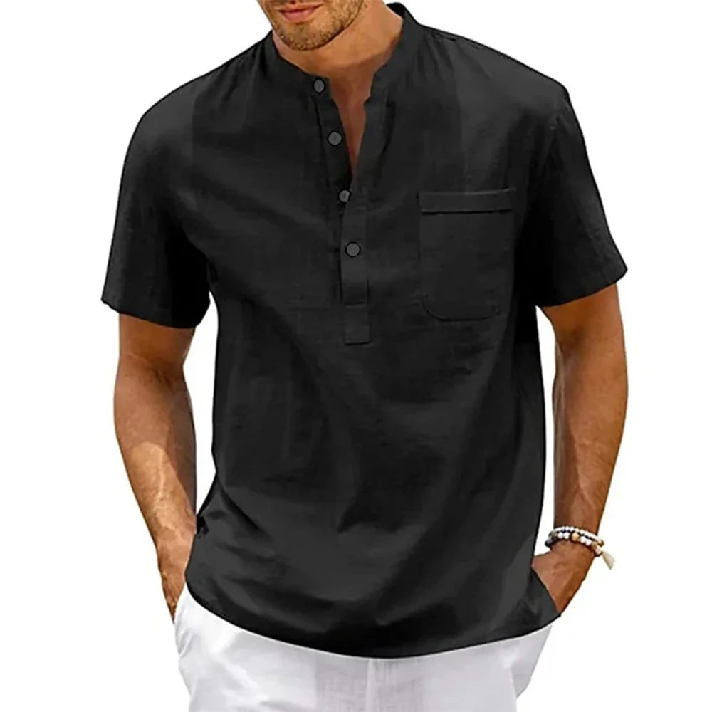 Men's Cotton Linen Henley Pocket Shirt