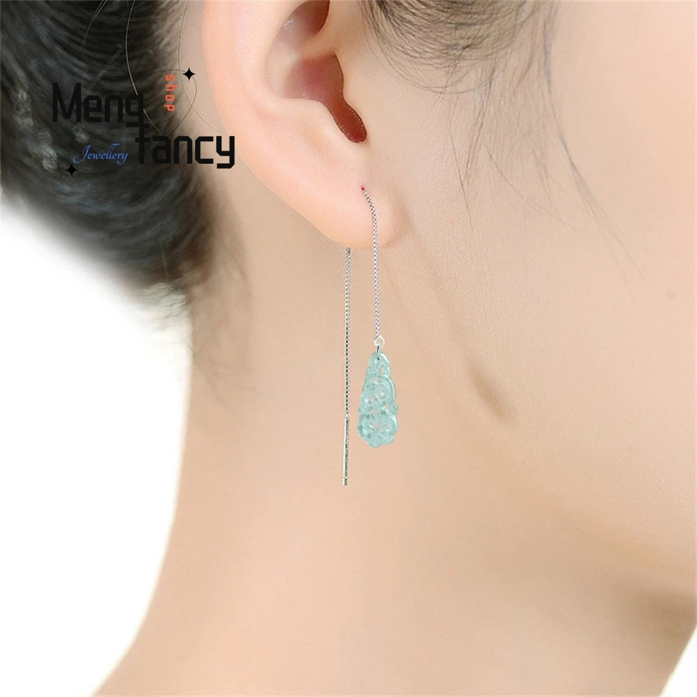 Elegant S925 Silver Natural Ice Jade Drop Earrings