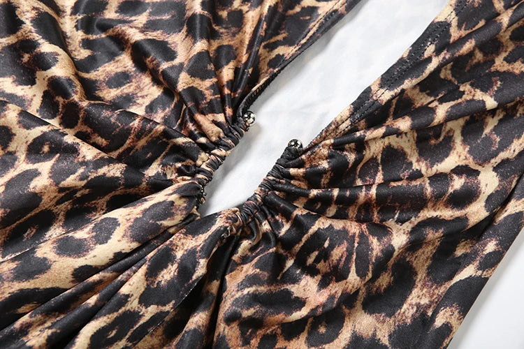 Y2K Leopard Print Deep V Split Dress