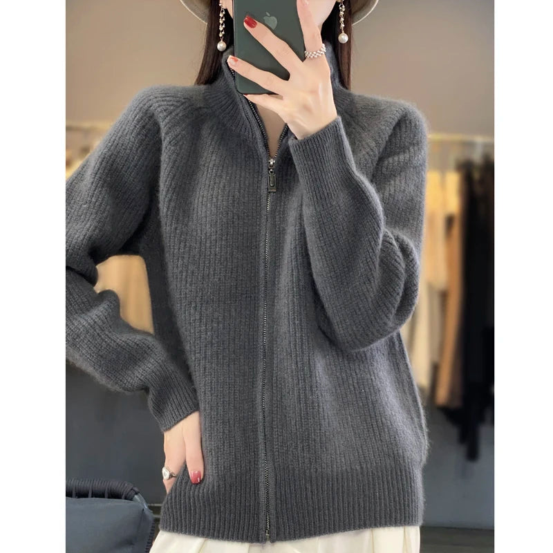 Women's Wool Zip-Up Stand Collar Cardigan