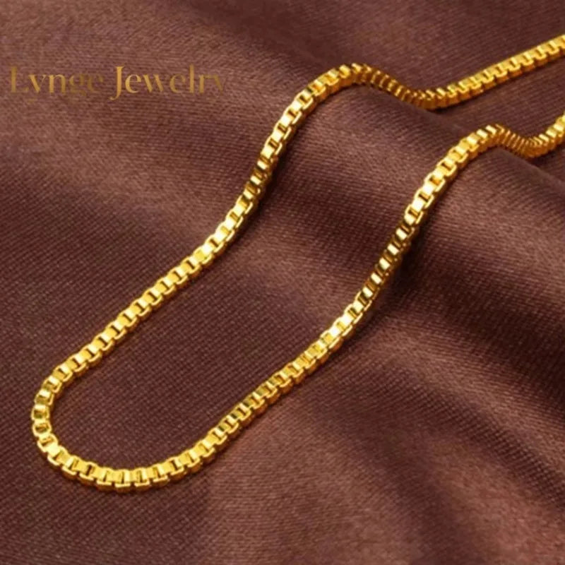 Lynge Jewelry AU999 24K Gold Box Chain Necklace for Women