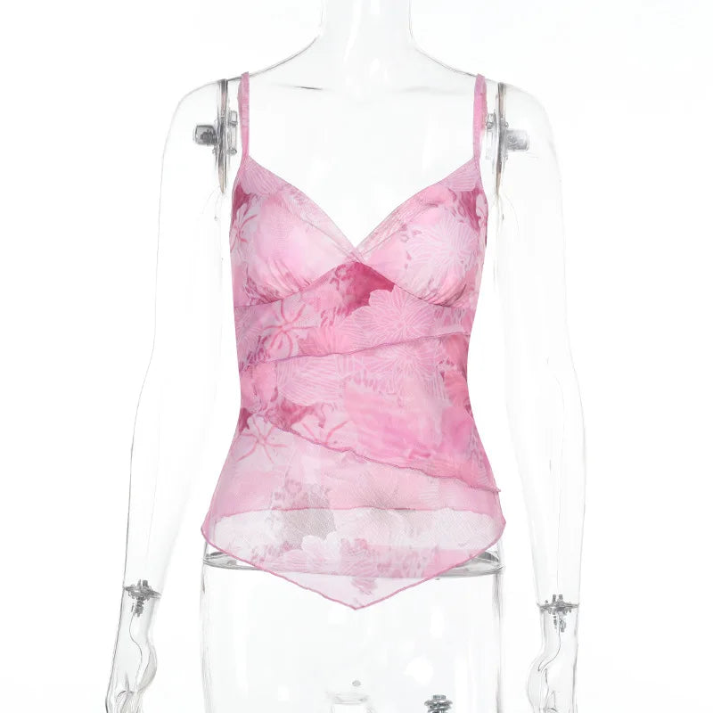 Women's Floral Print Y2K Spaghetti Strap Crop Top – Sexy Chiffon Cami