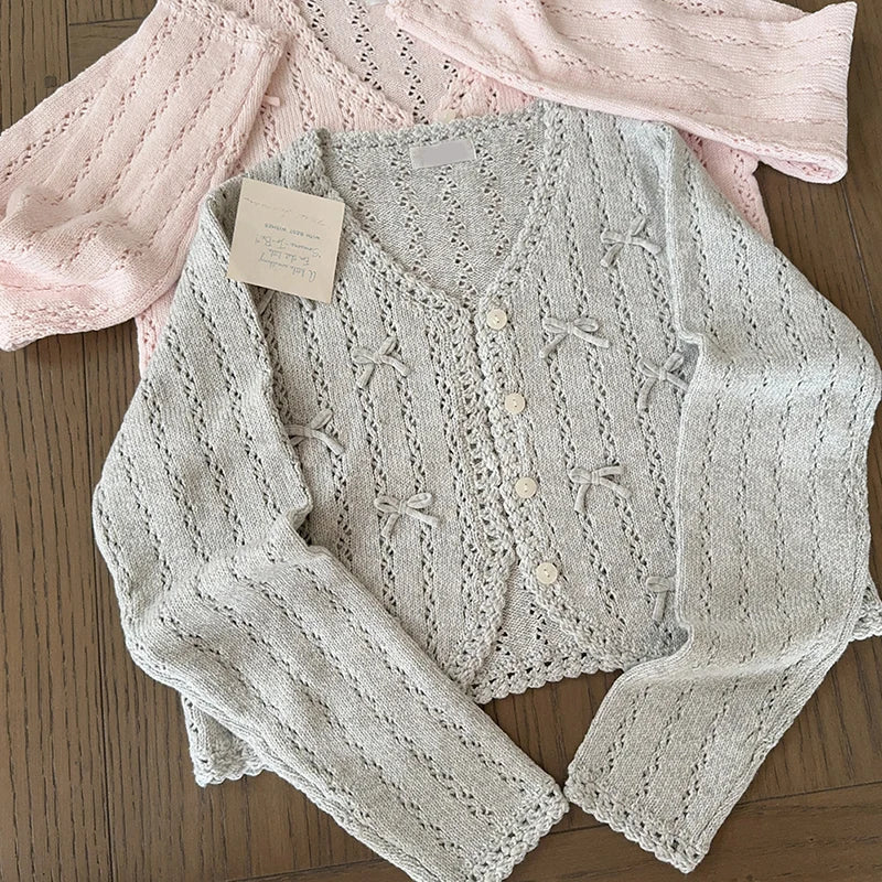 Women's Kawaii Bow Crochet Knit Cardigan