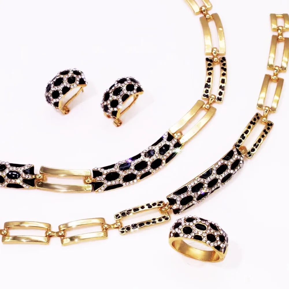 Elegant Black Enamel Jewelry Set with White Zircon – Necklace, Earrings, Bracelet & Ring