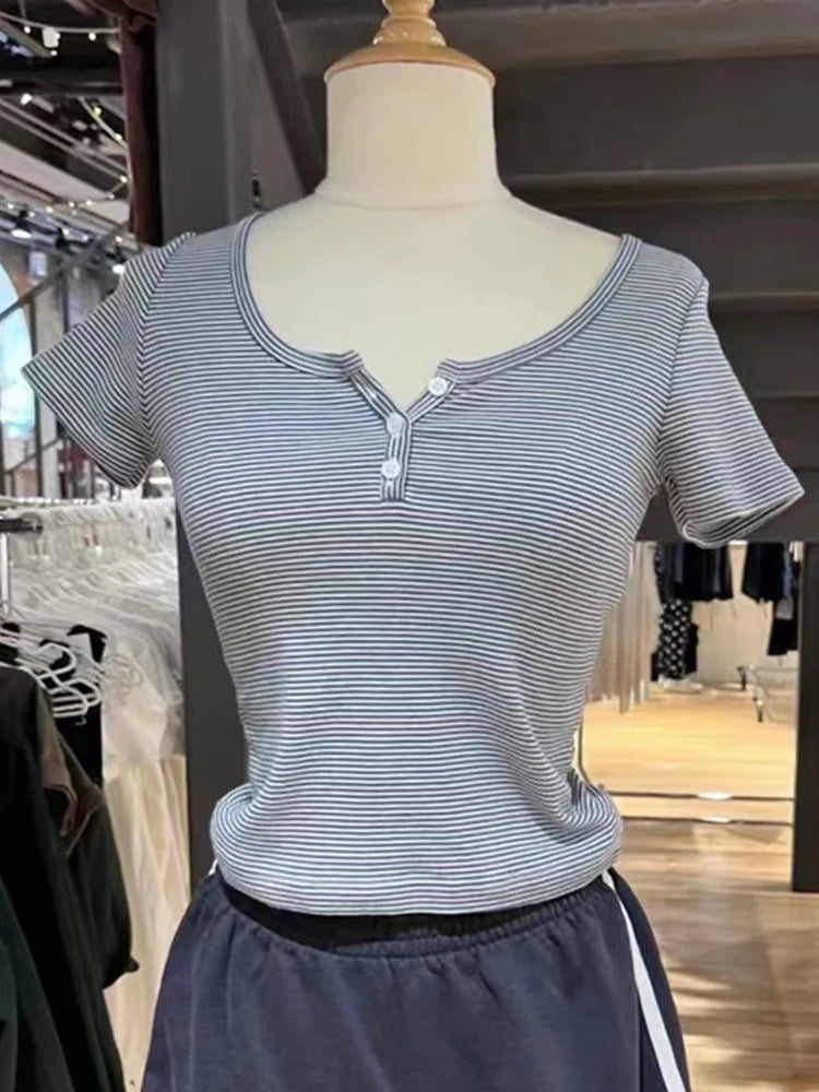 Women's Y2K Striped Button Crop Top