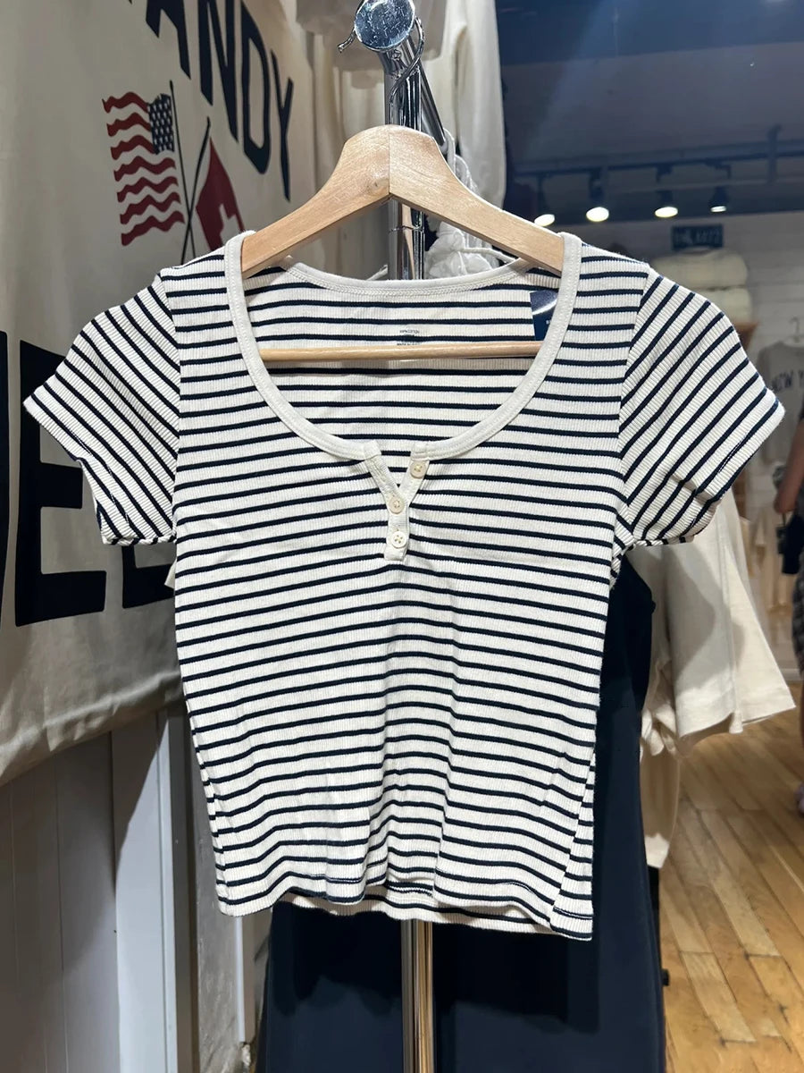 Women's Y2K Striped Button Crop Top