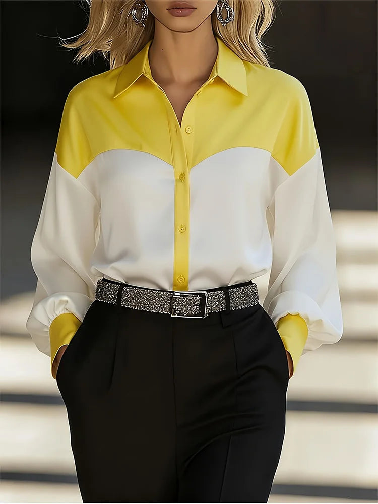 Women's Color Block Button-Up Work Blouse