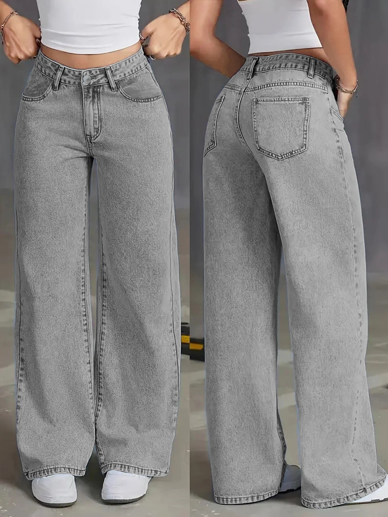 Women's High Waist Light Grey Wide Leg Jeans