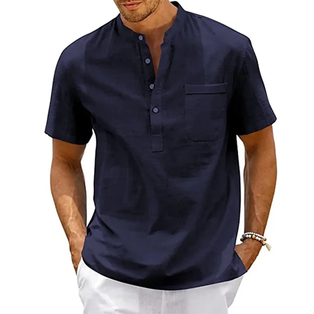 Men's Cotton Linen Henley Pocket Shirt