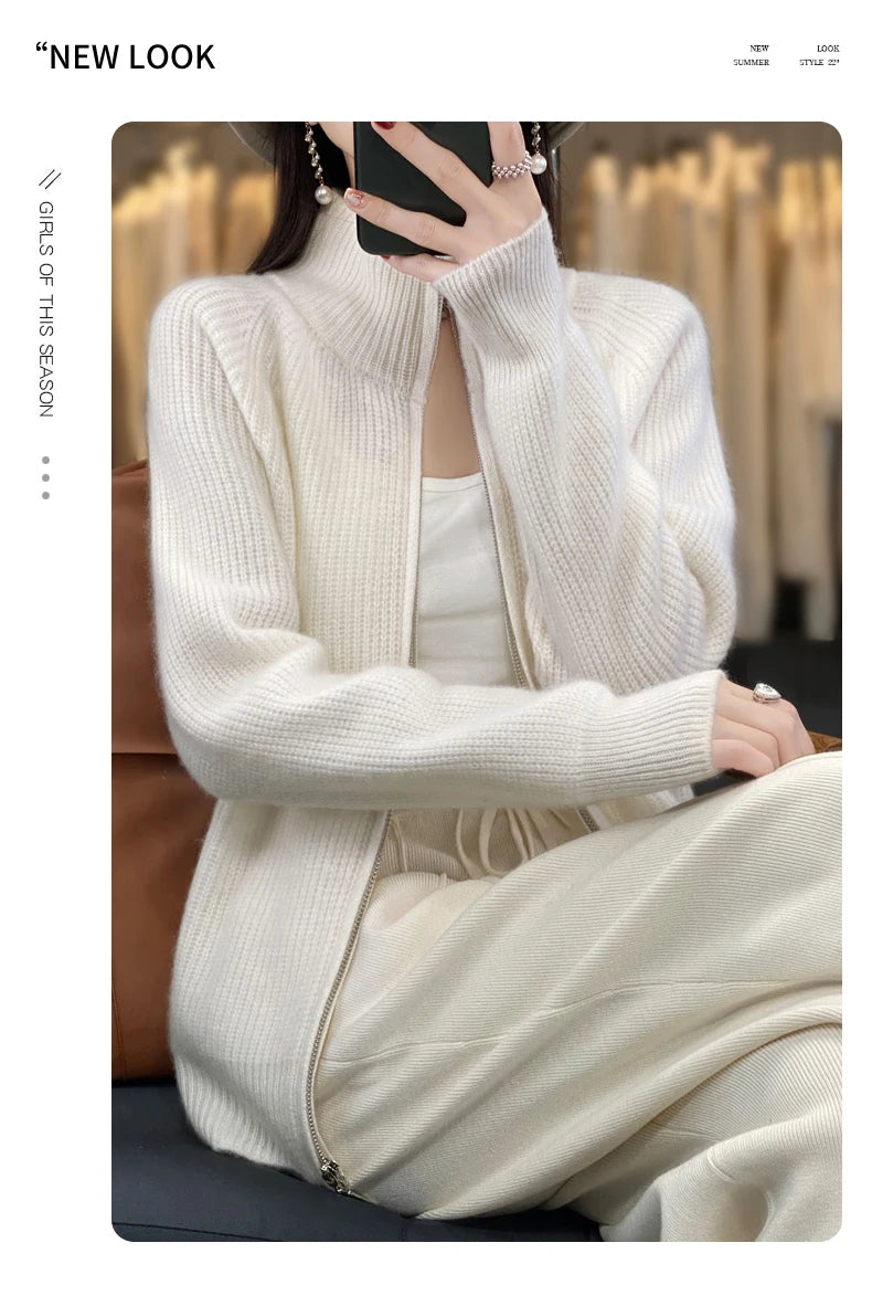 Women's Wool Zip-Up Stand Collar Cardigan