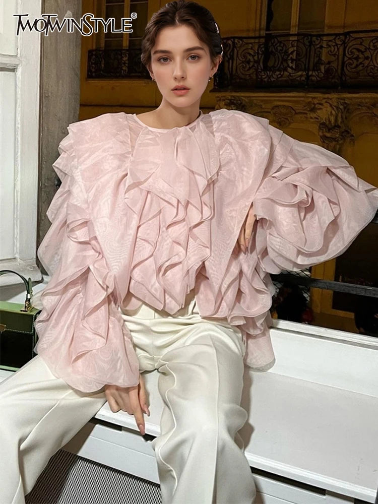 TWOTWINSTYLE Ruffle Chiffon Lantern Sleeve Blouse