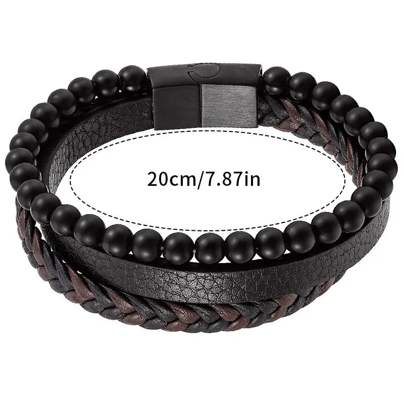 Men's Obsidian Beaded Leather Bracelet