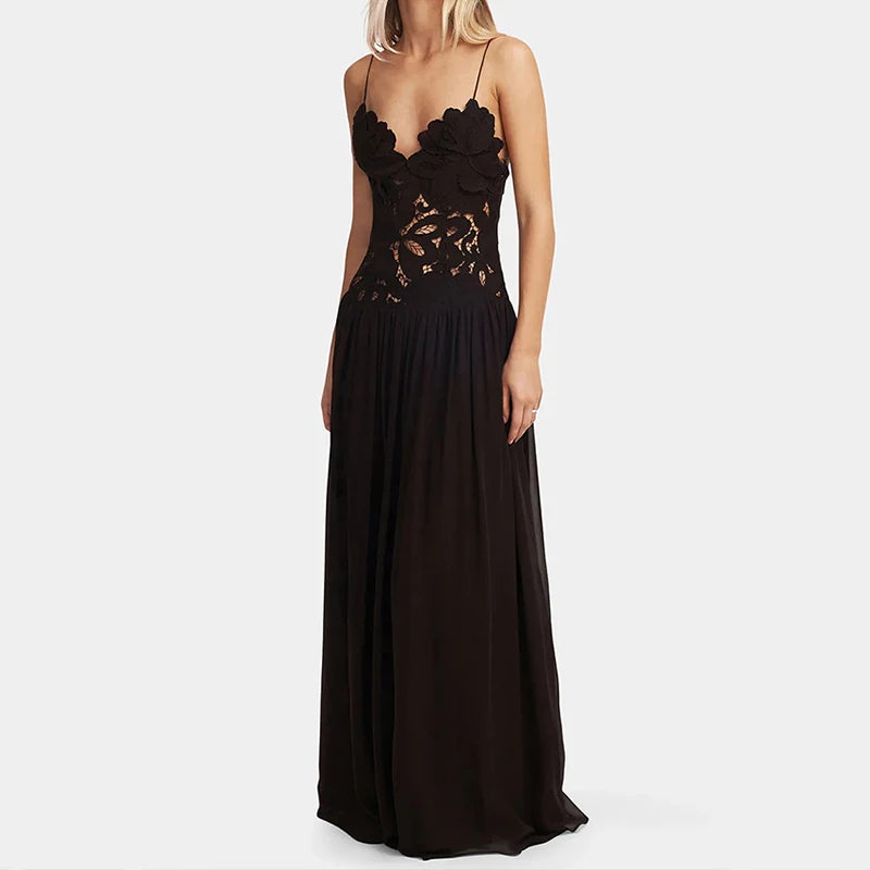 Elegant Off-Shoulder Lace Patchwork Party Maxi Dress
