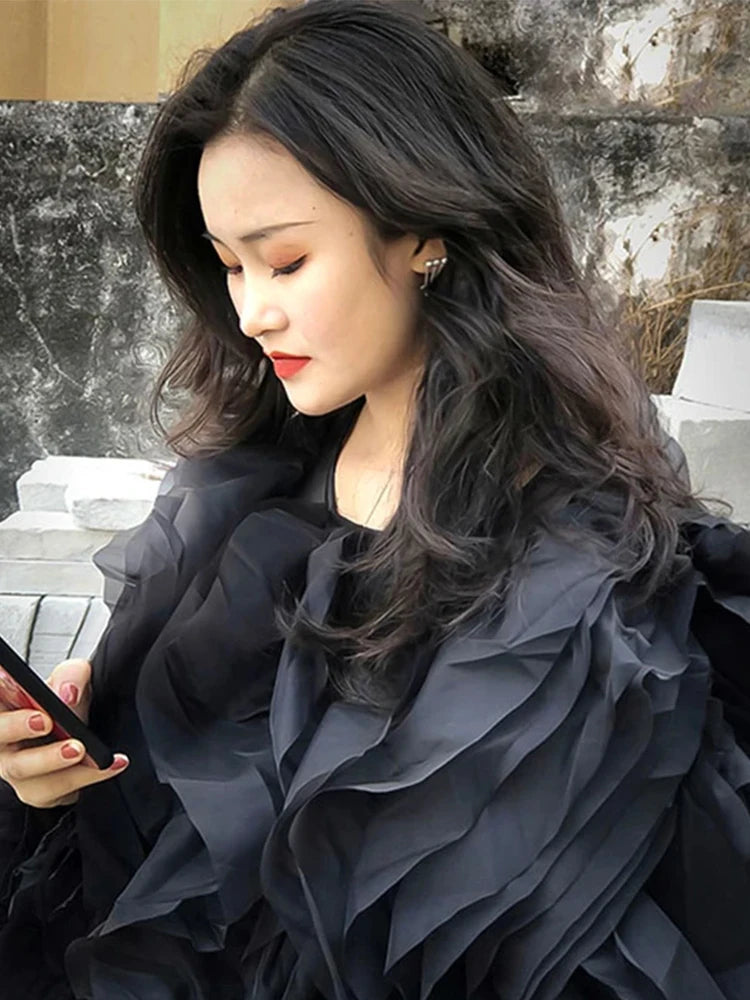 TWOTWINSTYLE Ruffle Chiffon Lantern Sleeve Blouse