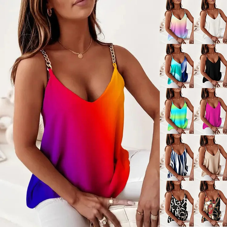 Women's Boho V-Neck Zipper Summer Cami Top