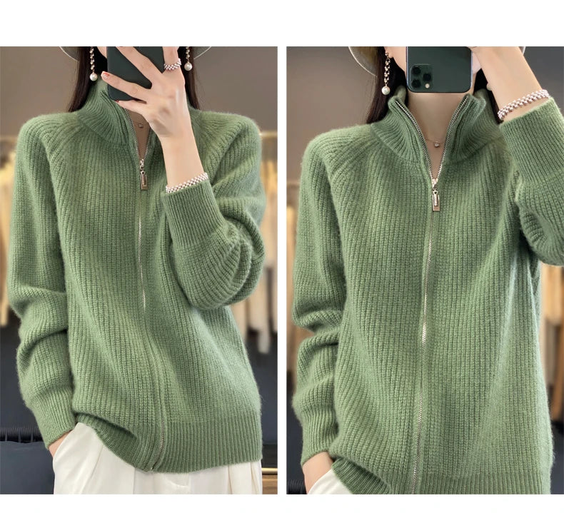 Women's Wool Zip-Up Stand Collar Cardigan
