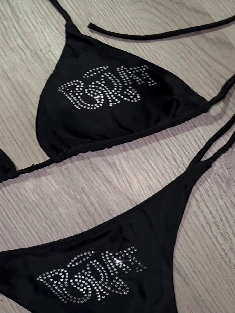 Y2K Punk Rhinestone Lace-Up Bikini