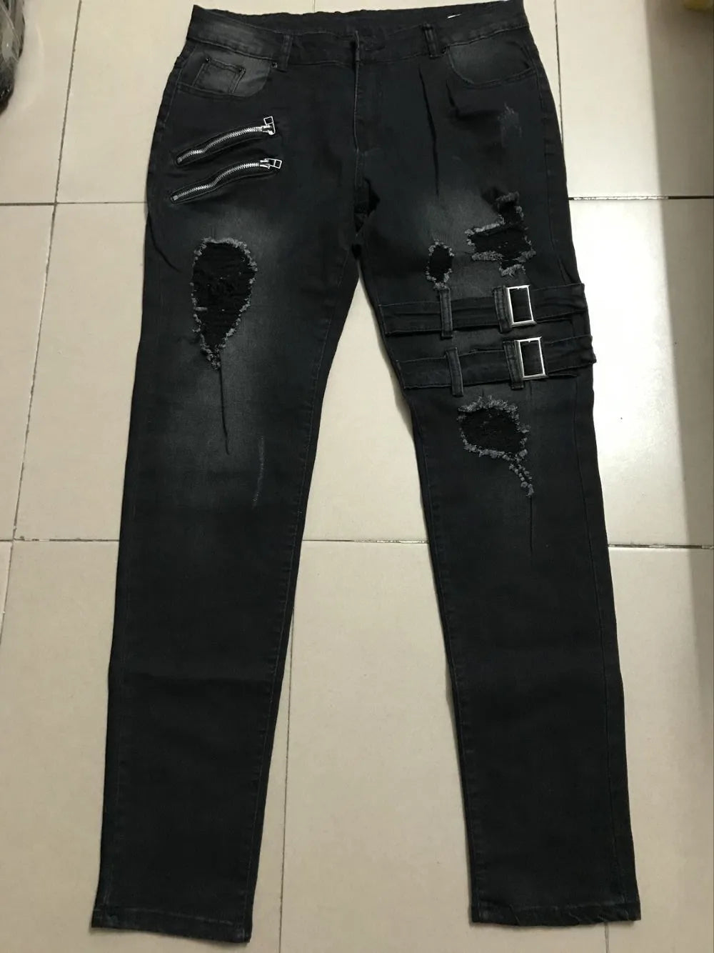 Men's Retro Moto Biker Skinny Denim Cargo Jeans