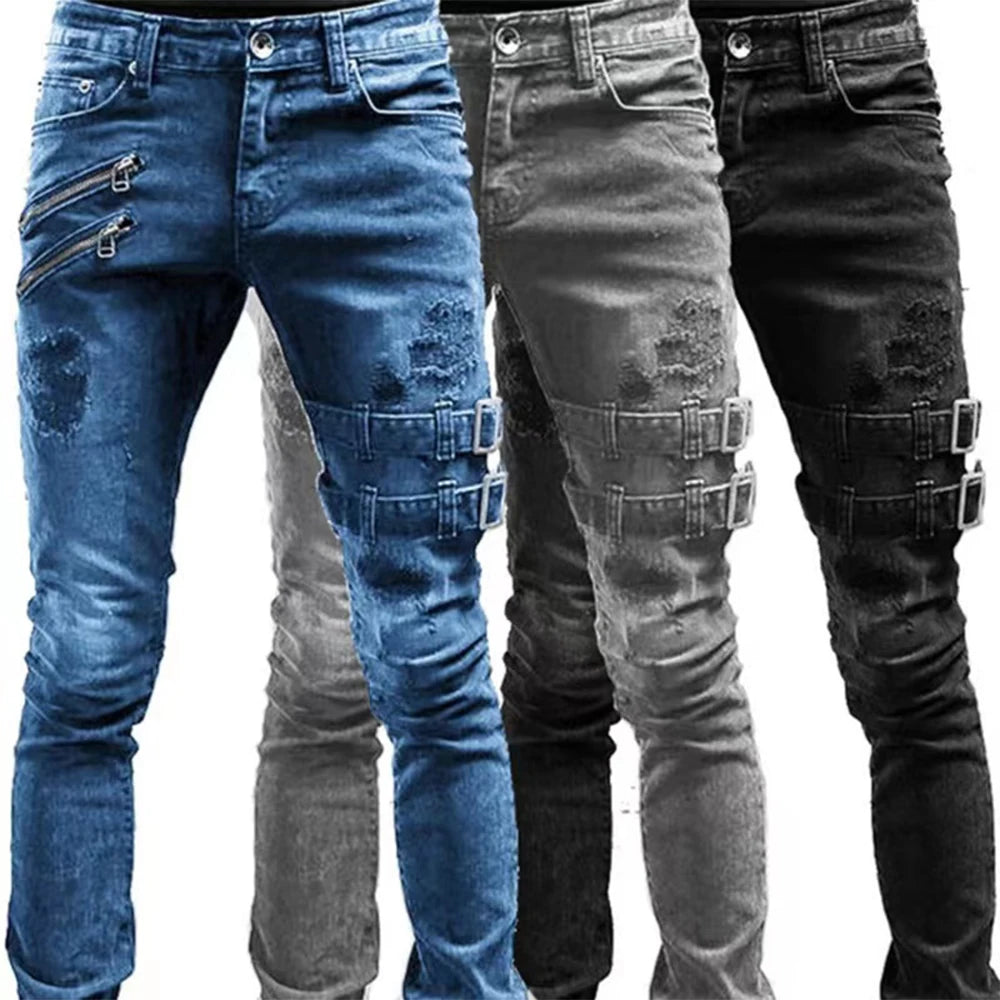 Men's Retro Moto Biker Skinny Denim Cargo Jeans