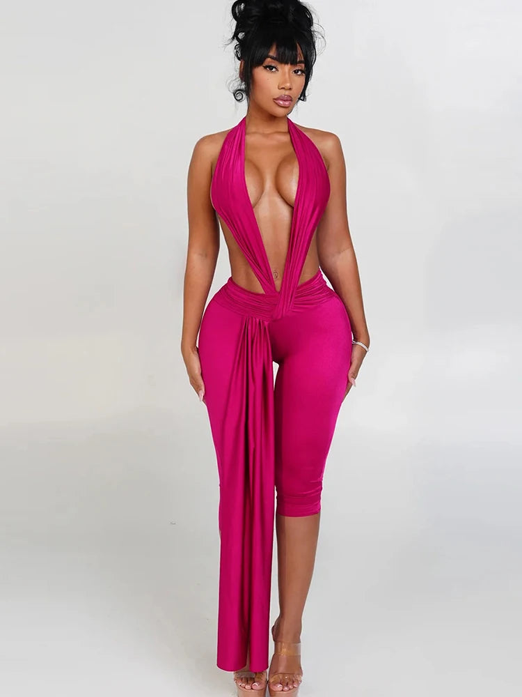 Women's Patchwork Halter Backless Romper