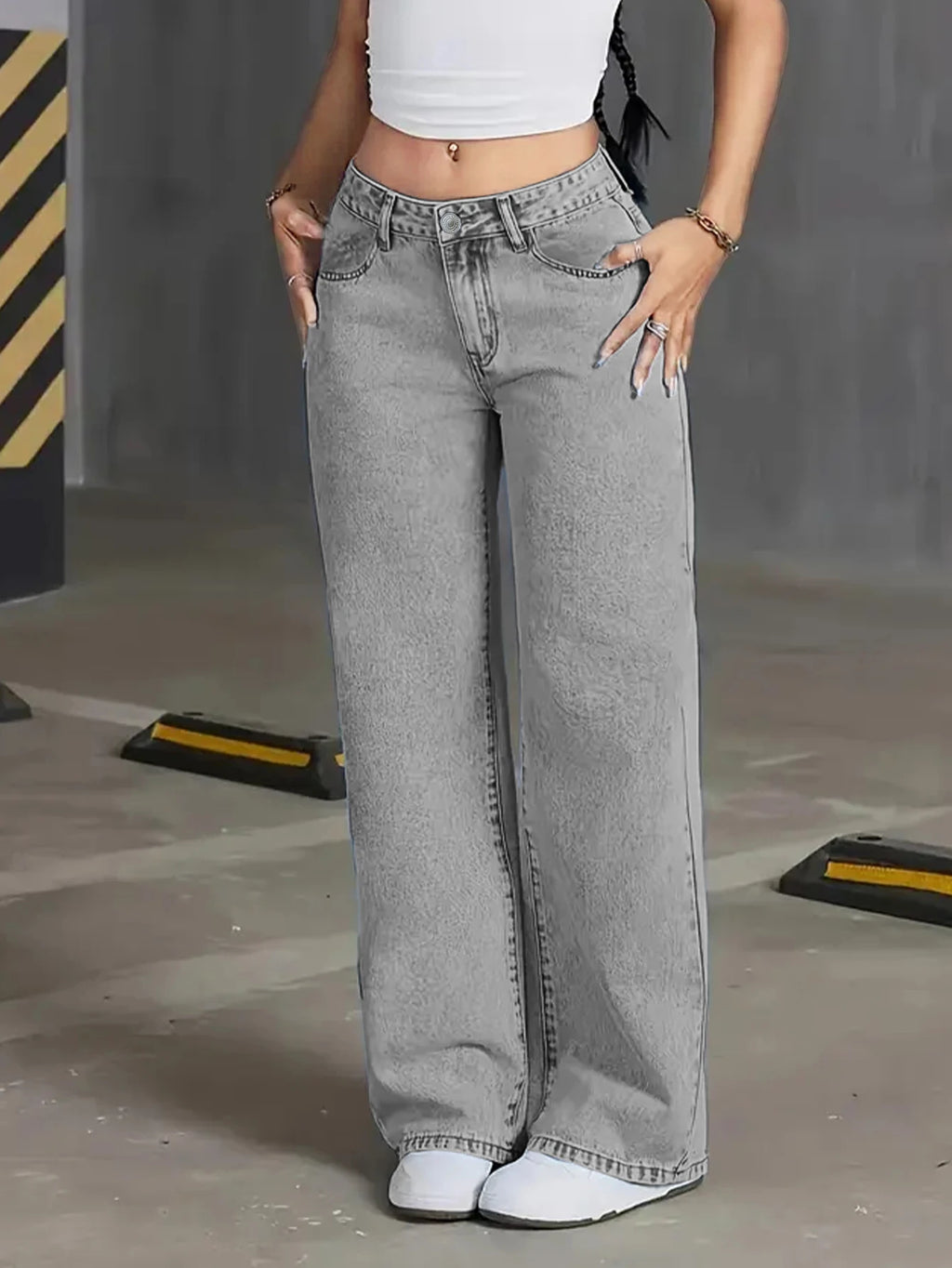 Women's High Waist Light Grey Wide Leg Jeans