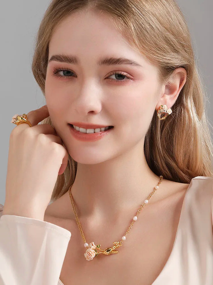 Women's Elegant Enamel Rose Gemstone Jewelry Set