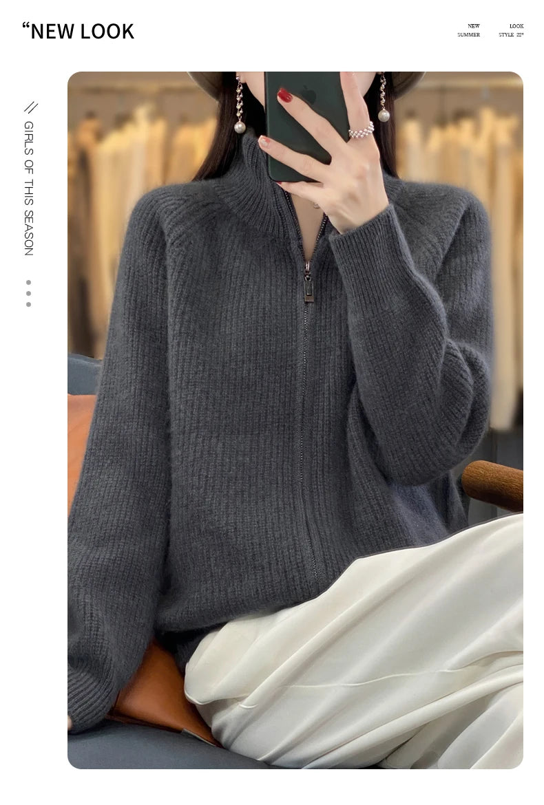 Women's Wool Zip-Up Stand Collar Cardigan
