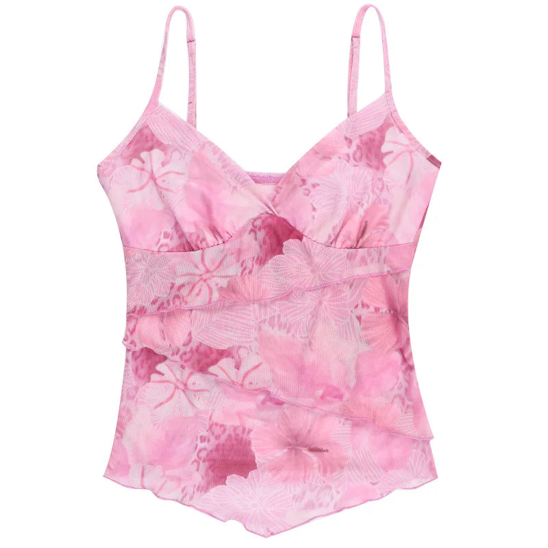 Women's Floral Print Y2K Spaghetti Strap Crop Top – Sexy Chiffon Cami